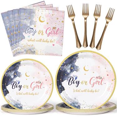 Imagem de CLYMENE 96 Pcs Gender Reveal Party Supplies | Baby Shower Party Decorations | Boy or Girl Gender Reveal Tableware Set | with Paper Plates, Napkins, Forks | for Boys & Girls | Serves 24 Guests
