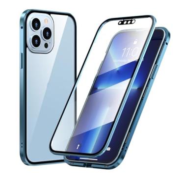 Imagem de HAO RIYLN Capa para iPhone 15 Pro Max/15 Pro/15 Plus/15.360 graus proteção frente e verso capa de telefone sem fio carregamento de vidro temperado moldura de metal, azul, 15 Plus 6,7''