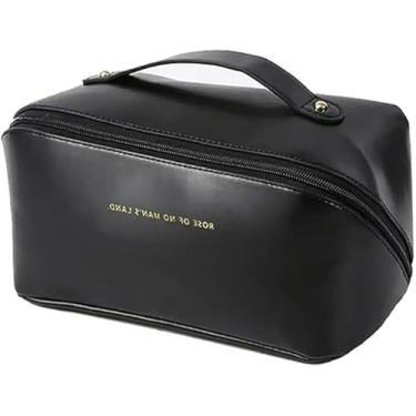 Imagem de Bolsa Necessaire Feminina Organizadora de Maquiagem para Viagem, Dupla Camada de Couro, Grande Capacidade, 23 x 11 x 11 cm (Preto)