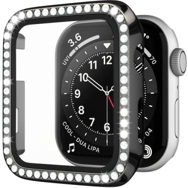 Imagem de D & K Exclusives Capa de strass compatível com Apple Watch 44 mm Series 6/SE 5 4 com protetor de tela de vidro temperado, capa protetora fina de policarbonato rígido de cristal brilhante para iWatch,