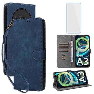 Imagem de IUQXU Capa carteira para celular Xiaomi Redmi A3 / Poco C61 com protetor de tela [bloqueio RFID] Suporte de cartão flip de couro com alça de pulso masculina e feminina para PocoC61 Redmi A3 LTE azul