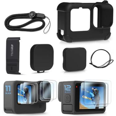 Imagem de FitStill Capa de silicone preta para Go Pro Hero 12/Hero 11/Hero 10/Hero 9 Preto, capa lateral de bateria, protetores de tela, tampas de lente e cordão para Go Pro Hero 12/11/10/9