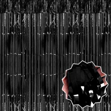 Imagem de Pacote com 6 cortinas de fundo de franja de alumínio preto de 8,28 x 2,5 m, decorações de festa, cortinas metálicas para cabine de fotos, Halloween, Natal, aniversário, celebração, evento, decoração