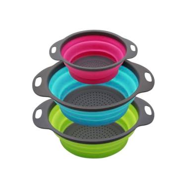 Imagem de O conjunto de 3 coadores Niklye Ultimate Kitchen inclui escorredores de silicone dobráveis de 2,5 a 25,4 cm e 5 a 30,5 cm para facilitar o armazenamento – Use com macarrão e vegetais ou como uma