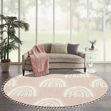 Imagem de Tapete redondo Boho infantil desenhado à mão sem costura com arco-íris pastel rosa verão para área do bebê tapete de linho tapete tapete de pátio corredor tapete tapete tapete minimalista decoração de casa para sala de estar ao ar livre 1,8 m