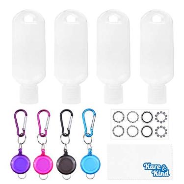 Imagem de Kare & Kind Garrafas de viagem portáteis transparentes - 4 recipientes vazios, 4 mosquetões/cordão retrátil, 1 folha de etiqueta adesiva - até 50 ml - para desinfetantes de mãos, álcool isopropílico,