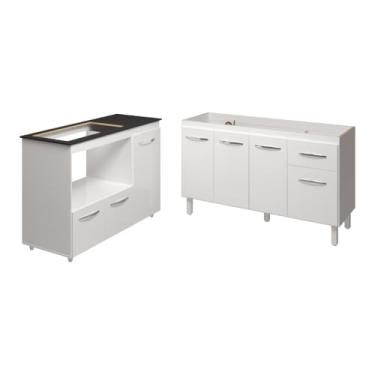 Imagem de Mobília Decor, Armário Camila Cozinha Gabinete de Pia 140 cm e Balcão para Cooktop 5 Bocas e Forno ou Microondas Alana Branco