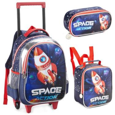 Imagem de Kit Mochila Infantil Menino Rodinha Denlex Azul Foguete Reforçada
