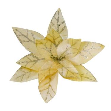 Imagem de Flor natal poinsetia tecido amarela dourada brilho 36cm 2un - TOK