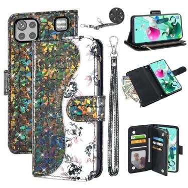Imagem de Dibosom Capa carteira floral para LG K92 5G com alça de pulso alça de ombro flip zíper bolsa porta-cartão, suporte brilhante brilhante para celular LGK925G K 92 92K LMK920AM Q92 G5 preta