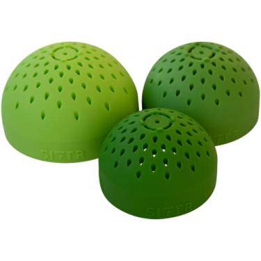 Imagem de SIFTR (verde) Conjunto de mini escorredor de lata de encaixe - Coador e coadores pequenos para economia de espaço - Dispositivo de cozinha multiuso - Coador de lata de silicone