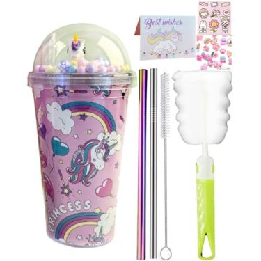 Imagem de seelucky Copo de viagem de unicórnio com canudo brilhante copo de gelo freezer caneca copo de plástico piquenique festa presente de aniversário (princesa unicórnio 1, 450 ml)