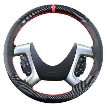 Imagem de Kivnto Capa de volante de fibra de carbono com costura faça você mesmo para Chevrolet Tahoe Suburban Avalanche Silverado Express Traverse Preto 15" Acessórios Interiores de Couro (apenas para Volante de Borracha)