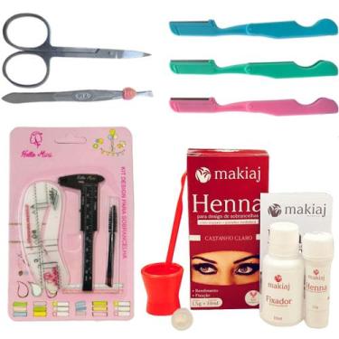 Imagem de Kit Designer Sobrancelhas Henna Makiaj Pinça Tesoura Navalha Pincel Pa