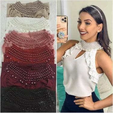 Imagem de Blusa Social Gola Alta de Pérolas Regata com Babado Bufante - G-Store,