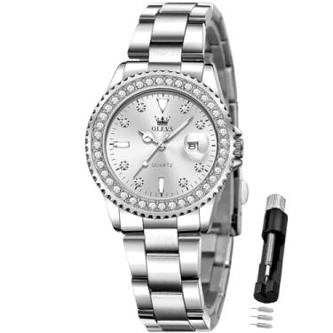 Imagem de OLEVS Relógio feminino analógico de quartzo com vestido de diamante, aço inoxidável, dois tons, à prova d'água, luminoso, data, para presente, relógio todo prateado, relógio feminino