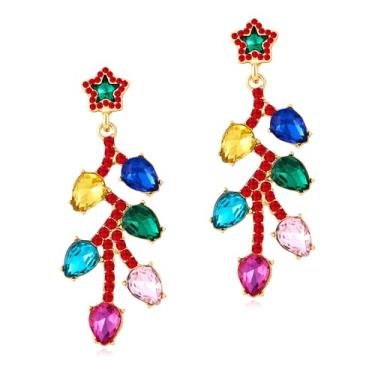 Imagem de YUJIE Brincos de Natal femininos de floco de neve, árvores de Natal douradas, com strass, pérola, brilhante, colorido, lâmpada, brincos, bijuterias de fantasia de Natal, Latão, Sem pedra preciosa