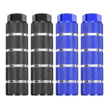 Imagem de HARFINGTON 2 pares de pinos de bicicleta de liga de alumínio para acrobacias traseiras antiderrapantes listrados suportes de assento traseiro para eixos de 9,5 mm para mountain bike, preto e azul