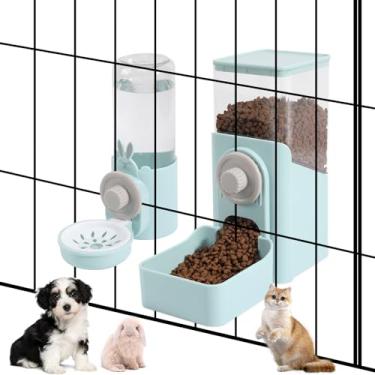 Imagem de Dispensador automático de água e ração para animais de estimação, alimentador automático de água e ração para cães e gatos, tigela para pendurar na gaiola (azul claro)