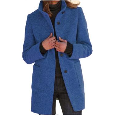 Imagem de Casaco feminino de inverno com gola única, sobretudo de mistura de lã casual, azul, 3XL