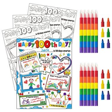 Imagem de Pacote com 30 pôsteres para colorir Happy 100th Day com 30 giz de cera empilháveis para lembrancinhas de festa escolar, 100 dias de idéias escolares, pôster de preenchimento de gráfico de projetos,