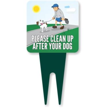 Imagem de SmartSign Placa de estaca Please Clean Up After Your Dog Yard com gráfico de passeio de cachorro, 15 x 30 cm, placa composta de alumínio de 120 mil com sobretudo para fora, placa quadrada com estacas