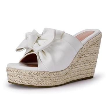 Imagem de PiePieBuy Sandália feminina de salto anabela com laço, Branco, 8.5