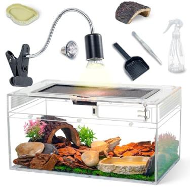 Imagem de BINANO Kit de tanque de répteis de 30 cm x 15 cm com lâmpada de calor, frasco de spray, pá, pinça, tigela de comida, esconderijo - perfeito para lagartixas, cobras, lagartos, tartarugas, aranha