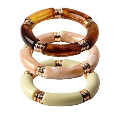 Imagem de GOOJIDS Pulseira simples com contas banhadas a ouro grosso tubo de bambu curvado empilhável contas coloridas de acrílico transparente conjunto de pulseiras banhadas a ouro para mulheres, 6.6 inches