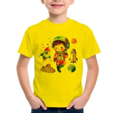 Imagem de Camiseta Infantil Astronauta Criança e Foguetes - Foca na Moda, Amarel