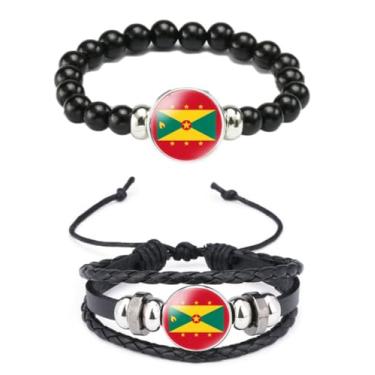 Imagem de Ykonuyis Pulseira de corda elástica de metal com contas pretas e pulseira de corda trançada de couro de liga para homens e mulheres apoia o seu país, Medium, Zinco, Vidro