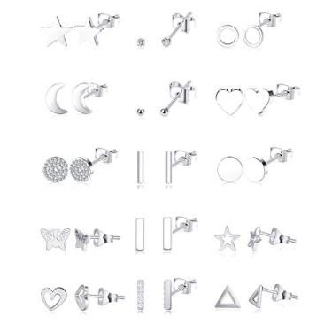Imagem de Tornito Conjunto de brincos geométricos de aço inoxidável 20G, 15 pares de brincos geométricos para mulheres e homens, zircônia cúbica, triângulo, estrela, lua, minibar, bola, empilhável, prata, tom