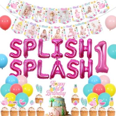 Imagem de Fangleland Splish Splash 1st Birthday Decorations Set Pink , Summer Pool Tropical Themed First Birthday Photo Banner Balloons Cake Topper Cupcake Toppers Party Supplies for Girls