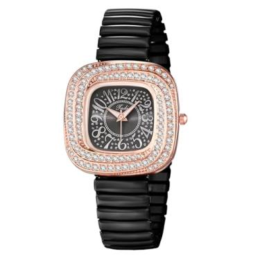 Imagem de OIDEA Relógio feminino quadrado elástico: relógio de pulso analógico de quartzo com mostrador de diamante de zircônia cúbica elegante e elegante, Pulseira elástica preta