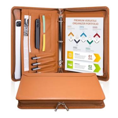 Imagem de Pasta de couro vegano marrom para mulheres e homens, fichário de 3 anéis com zíper, pasta planejadora A4 com bolso para laptop, portfólio de tamanho legal, organizador de arquivos de trabalho para