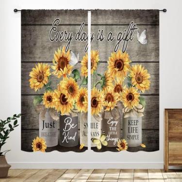Imagem de Cortinas de girassol para casa de fazenda, floral, rústica, retrô, marrom, tábua de madeira, primavera, flores silvestres, tratamento de janela para quarto, sala de estar, cozinha, cortinas 53 cm L x