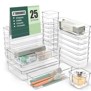 Imagem de Kit 25 Peças Organizador de Gaveta Acrílico Reforçado - Conjunto Multiuso para Cozinha, Maquiagem e Joias com Divisórias Modulares Transparentes