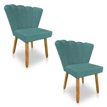 Imagem de Kit 02 Cadeiras Poltrona Flor Veludo Azul Turquesa Pés Palito Castanho