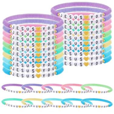 Imagem de Landical 30 Pcs Jesus Loves You Bracelets Bulk Friendship Bracelets Clay Bead Christian Wristbands for Kids Religious Jesus Loves You Wristbands First Communion Sunday Easter(Pastel)