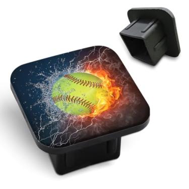 Imagem de Tnomchey Capa de engate de reboque de beisebol, chama de fogo e água gelo, relâmpago americano esportivo receptor de tubo de reboque tampa de plugue de tubo de engate resistente inserção de bola de