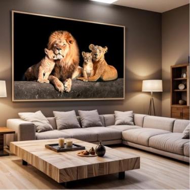 Imagem de Quadro Decorativo com Moldura Sala 130x90 Leão Família Luxo Grande Horizontal