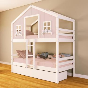 Imagem de Beliche Casinha dos Sonhos com 02 Gavetas Madeira Maciça Rosa/ Branco Housin