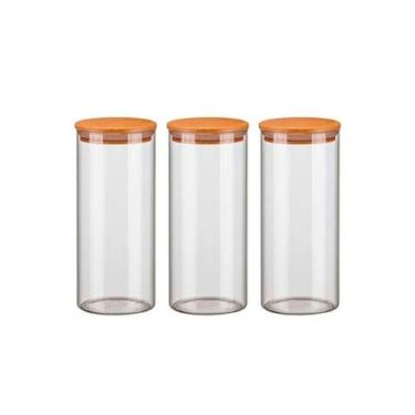 Imagem de Kit 3 Potes Vidro 1500Ml Hermético Tampa Madeira Bambu Porta - Livon