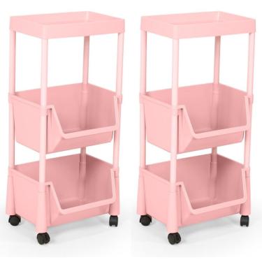 Imagem de Kit 2 Carrinho Multiuso Prático 3 Prateleiras Em Plástico Com Rodízio - Rosa