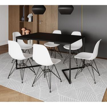 Imagem de Mesa Industrial Jantar Retangular 137X90Cm Preta Base V Com 6 Cadeiras Brancas Ferro Pr Preto