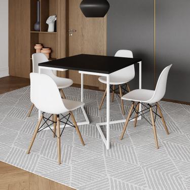 Imagem de Mesa Jantar Industrial Preta 90X90Cm Base V Ferro Branco Com 4 Cadeiras Madeira Brancas Cor: Preto