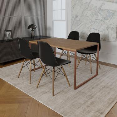 Imagem de Mesa Industrial Base Ferro Cobre Tampo 137X90 Amêndoa 4 Cadeiras Madeira Assento Preto Marrom