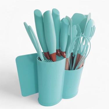 Imagem de Kit Completo De Cozinha 19 Utensílios De Silicone E Madeira Com Porta Talheres Oval - Ciano