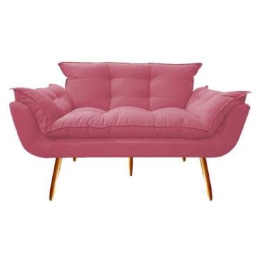 Imagem de Namoradeira Decorativa Opala Suede Rosa 2 Lugares Pés Madeira Mz Decor