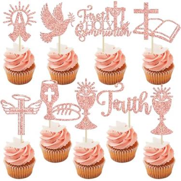 Imagem de Ephlyn 32Pcs First Holy Communion Cupcake Toppers Glitter Dove God Bless Cross Cupcake Picks for First Communion Baby Shower Baptism Theme Party Cake Decorations Rose Gold